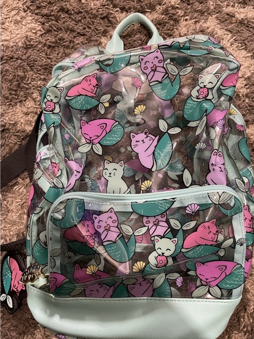 Betsey Johnson Mermaid Cat Print Clear Bag with Gold Lip Charm